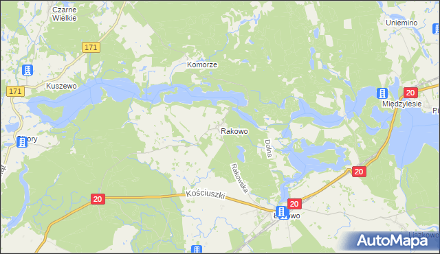 mapa Rakowo gmina Borne Sulinowo, Rakowo gmina Borne Sulinowo na mapie Targeo