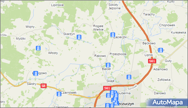 mapa Rakowo gmina Szczuczyn, Rakowo gmina Szczuczyn na mapie Targeo