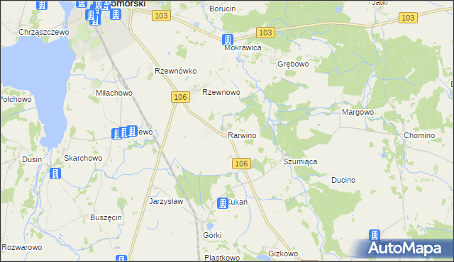 mapa Rarwino gmina Kamień Pomorski, Rarwino gmina Kamień Pomorski na mapie Targeo