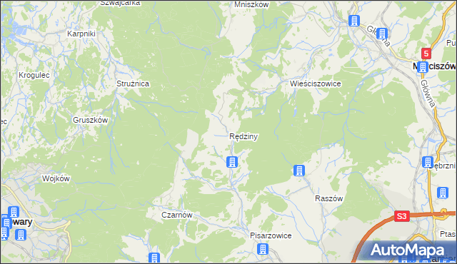 mapa Rędziny gmina Kamienna Góra, Rędziny gmina Kamienna Góra na mapie Targeo