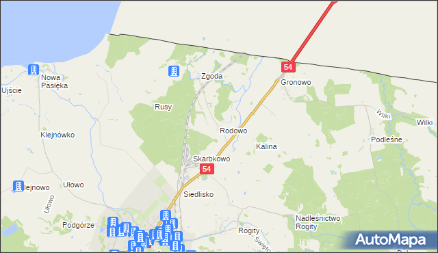 mapa Rodowo gmina Braniewo, Rodowo gmina Braniewo na mapie Targeo