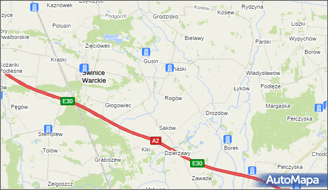 mapa Rogów gmina Świnice Warckie, Rogów gmina Świnice Warckie na mapie Targeo