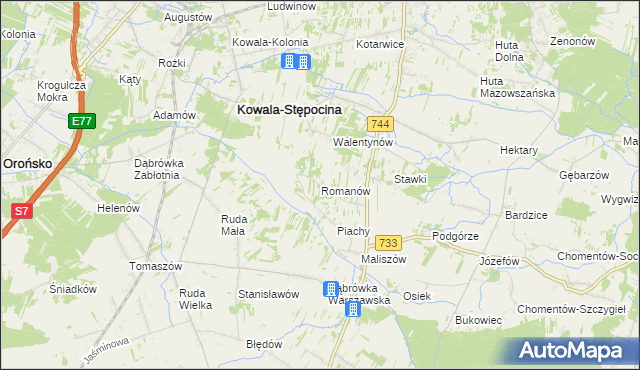 mapa Romanów gmina Kowala, Romanów gmina Kowala na mapie Targeo