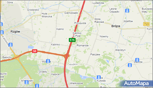 mapa Romanów gmina Rzgów, Romanów gmina Rzgów na mapie Targeo