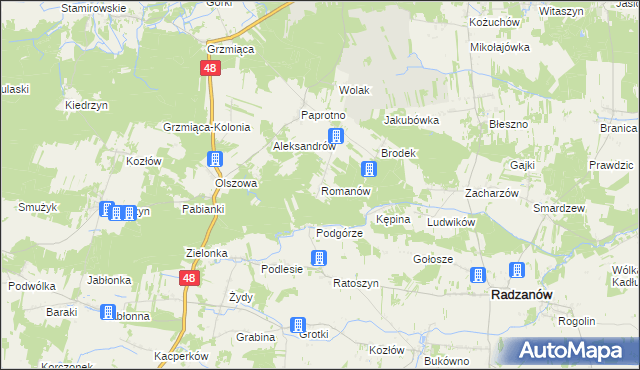 mapa Romanów gmina Wyśmierzyce, Romanów gmina Wyśmierzyce na mapie Targeo