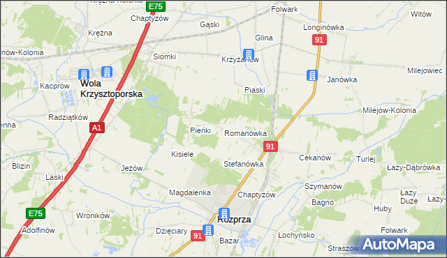 mapa Romanówka gmina Rozprza, Romanówka gmina Rozprza na mapie Targeo