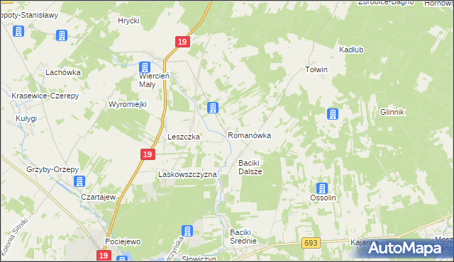 mapa Romanówka gmina Siemiatycze, Romanówka gmina Siemiatycze na mapie Targeo