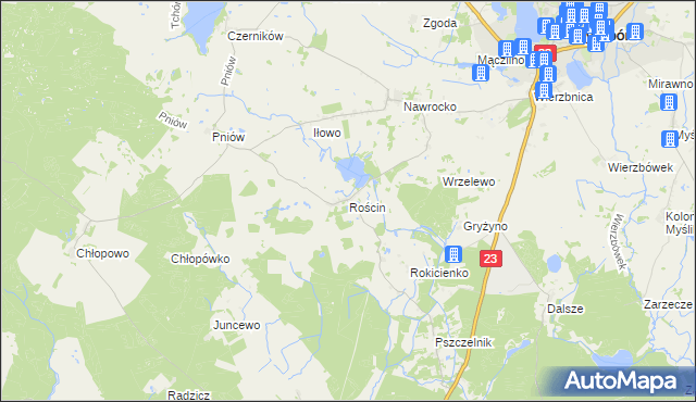 mapa Rościn gmina Myślibórz, Rościn gmina Myślibórz na mapie Targeo