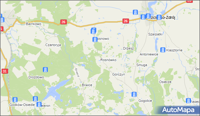 mapa Rosnówko gmina Trzcińsko-Zdrój, Rosnówko gmina Trzcińsko-Zdrój na mapie Targeo