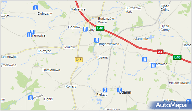 mapa Różana gmina Udanin, Różana gmina Udanin na mapie Targeo