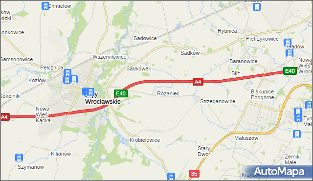 mapa Różaniec gmina Kąty Wrocławskie, Różaniec gmina Kąty Wrocławskie na mapie Targeo