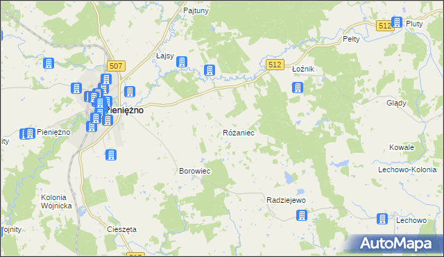 mapa Różaniec gmina Pieniężno, Różaniec gmina Pieniężno na mapie Targeo