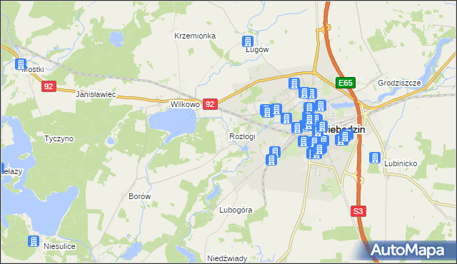 mapa Rozłogi gmina Świebodzin, Rozłogi gmina Świebodzin na mapie Targeo