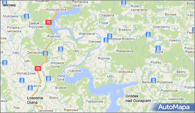 mapa Rożnów gmina Gródek nad Dunajcem, Rożnów gmina Gródek nad Dunajcem na mapie Targeo