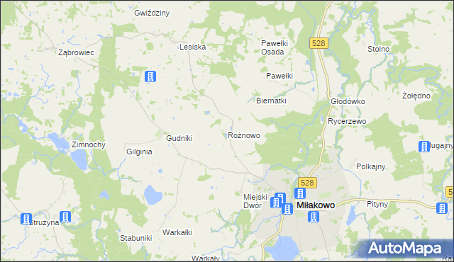 mapa Rożnowo gmina Miłakowo, Rożnowo gmina Miłakowo na mapie Targeo