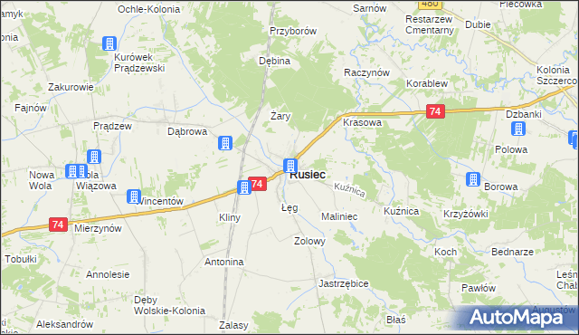 mapa Rusiec powiat bełchatowski, Rusiec powiat bełchatowski na mapie Targeo