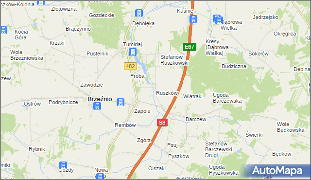 mapa Ruszków gmina Brzeźnio, Ruszków gmina Brzeźnio na mapie Targeo