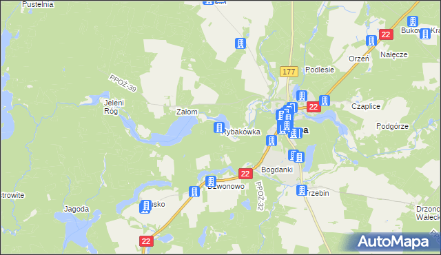 mapa Rybakówka gmina Człopa, Rybakówka gmina Człopa na mapie Targeo