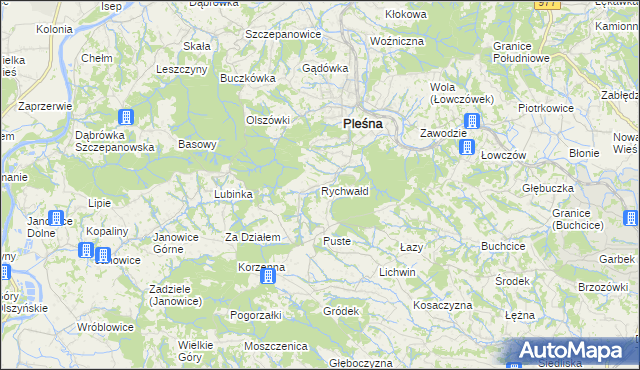 mapa Rychwałd gmina Pleśna, Rychwałd gmina Pleśna na mapie Targeo