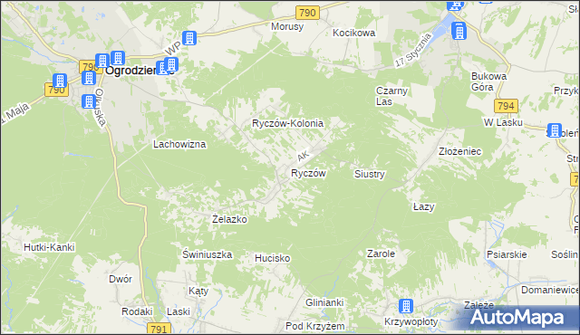 mapa Ryczów gmina Ogrodzieniec, Ryczów gmina Ogrodzieniec na mapie Targeo