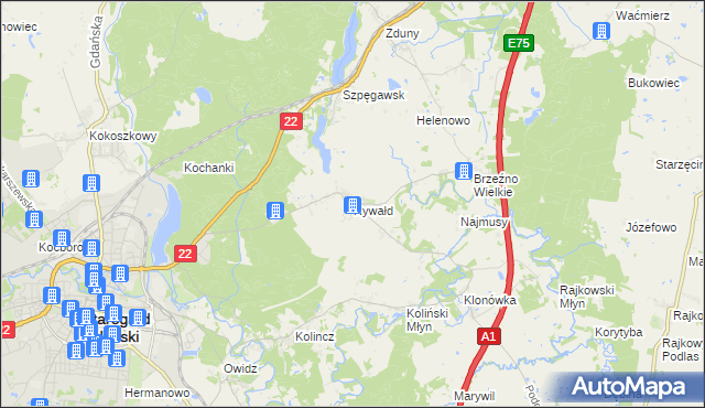 mapa Rywałd gmina Starogard Gdański, Rywałd gmina Starogard Gdański na mapie Targeo