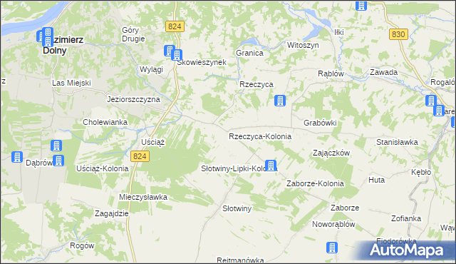 mapa Rzeczyca-Kolonia gmina Kazimierz Dolny, Rzeczyca-Kolonia gmina Kazimierz Dolny na mapie Targeo