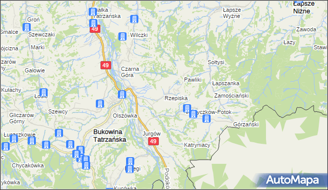 mapa Rzepiska gmina Bukowina Tatrzańska, Rzepiska gmina Bukowina Tatrzańska na mapie Targeo