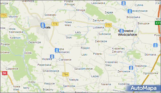 mapa Rzeplin gmina Skała, Rzeplin gmina Skała na mapie Targeo