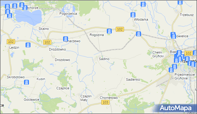 mapa Sadlno gmina Trzebiatów, Sadlno gmina Trzebiatów na mapie Targeo
