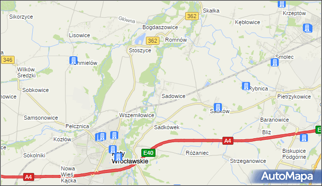 mapa Sadowice gmina Kąty Wrocławskie, Sadowice gmina Kąty Wrocławskie na mapie Targeo