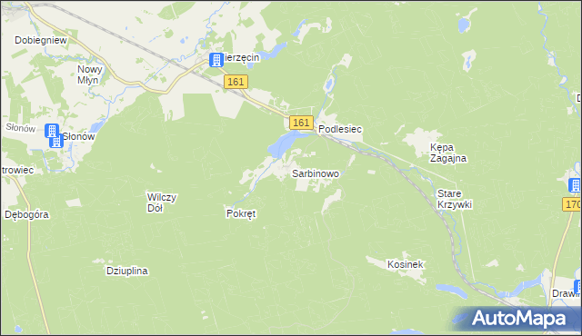 mapa Sarbinowo gmina Dobiegniew, Sarbinowo gmina Dobiegniew na mapie Targeo