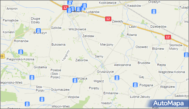 mapa Sarny gmina Błaszki, Sarny gmina Błaszki na mapie Targeo