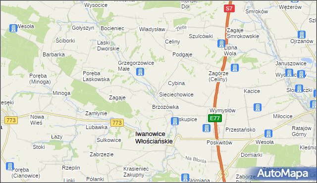 mapa Sieciechowice gmina Iwanowice, Sieciechowice gmina Iwanowice na mapie Targeo