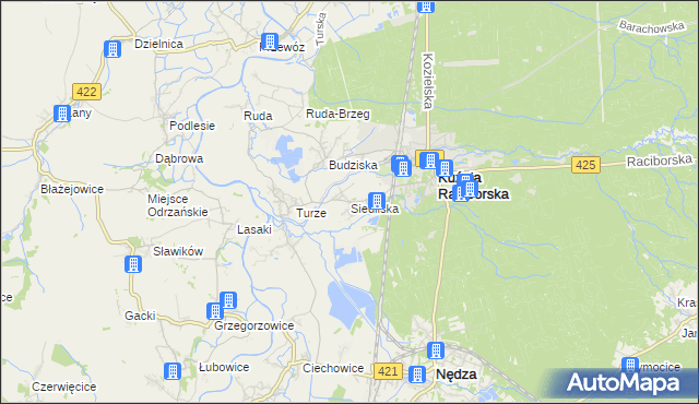 mapa Siedliska gmina Kuźnia Raciborska, Siedliska gmina Kuźnia Raciborska na mapie Targeo