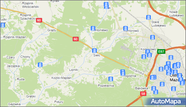 mapa Sielc gmina Ostrów Mazowiecka, Sielc gmina Ostrów Mazowiecka na mapie Targeo