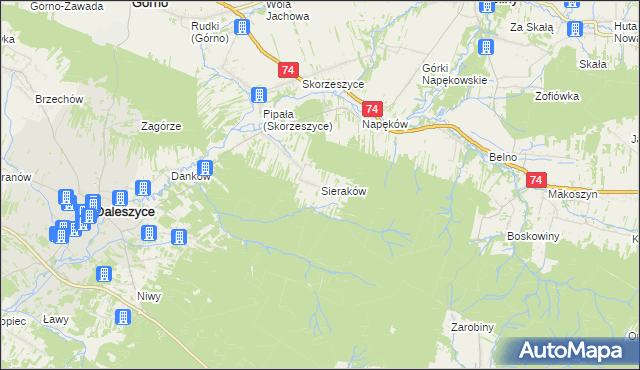 mapa Sieraków gmina Daleszyce, Sieraków gmina Daleszyce na mapie Targeo