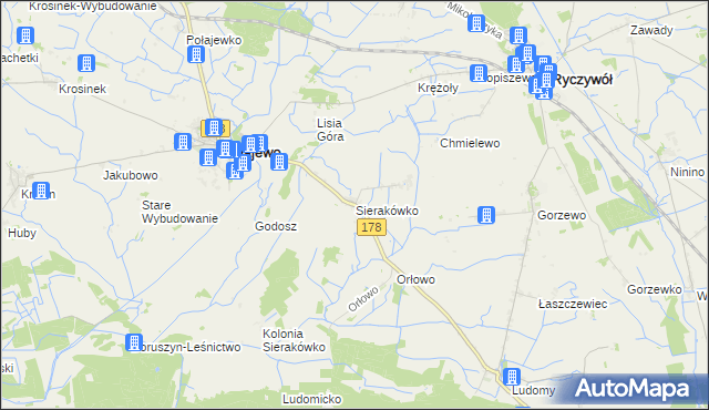 mapa Sierakówko gmina Połajewo, Sierakówko gmina Połajewo na mapie Targeo