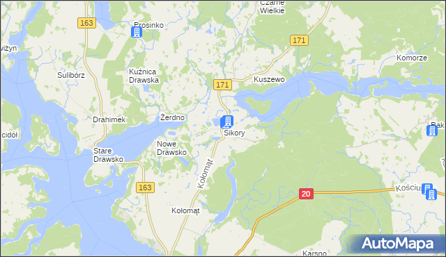 mapa Sikory gmina Czaplinek, Sikory gmina Czaplinek na mapie Targeo