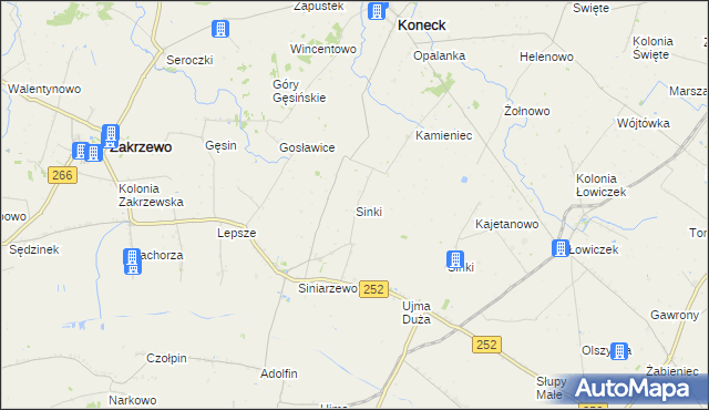 mapa Sinki gmina Zakrzewo, Sinki gmina Zakrzewo na mapie Targeo