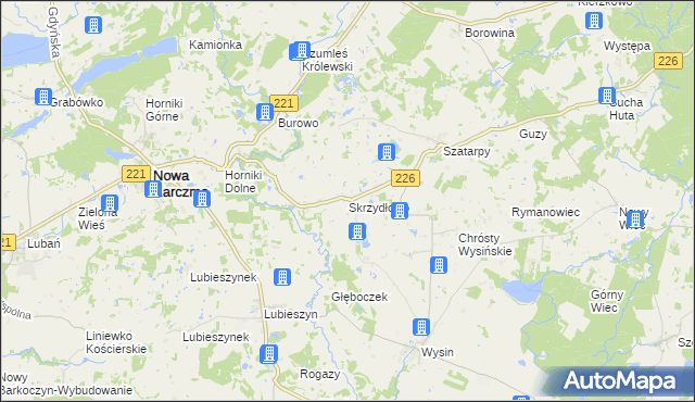 mapa Skrzydłowo gmina Nowa Karczma, Skrzydłowo gmina Nowa Karczma na mapie Targeo