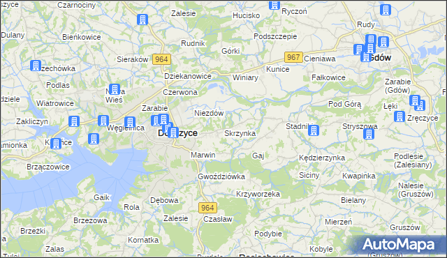 mapa Skrzynka gmina Dobczyce, Skrzynka gmina Dobczyce na mapie Targeo