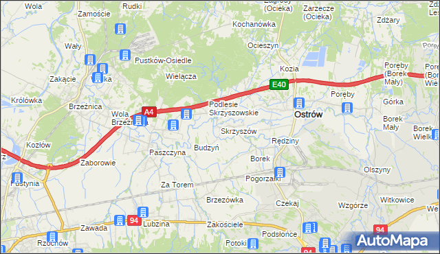 mapa Skrzyszów gmina Ostrów, Skrzyszów gmina Ostrów na mapie Targeo