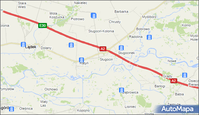 mapa Sługocin gmina Lądek, Sługocin gmina Lądek na mapie Targeo