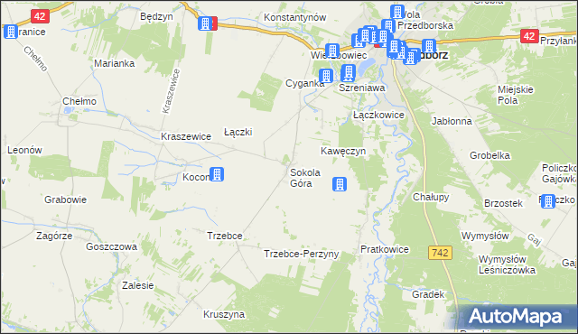 mapa Sokola Góra gmina Wielgomłyny, Sokola Góra gmina Wielgomłyny na mapie Targeo