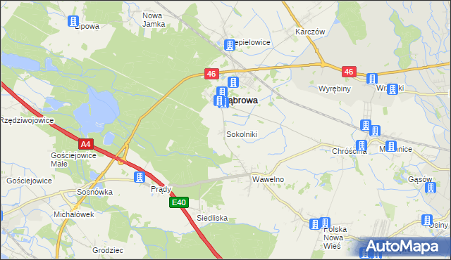 mapa Sokolniki gmina Dąbrowa, Sokolniki gmina Dąbrowa na mapie Targeo