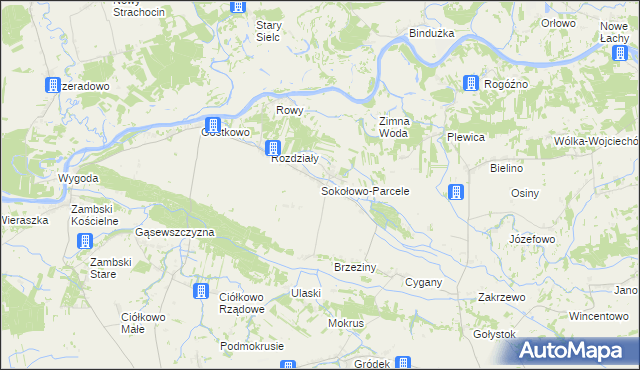 mapa Sokołowo-Parcele gmina Obryte, Sokołowo-Parcele gmina Obryte na mapie Targeo