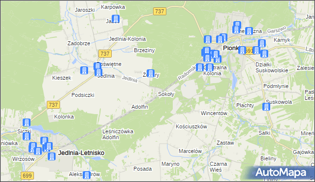 mapa Sokoły gmina Pionki, Sokoły gmina Pionki na mapie Targeo