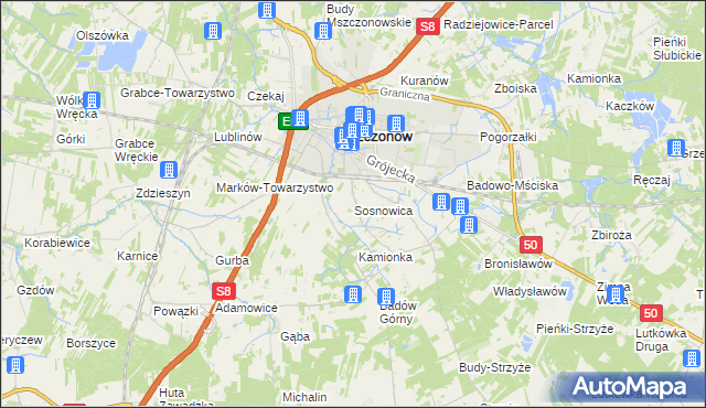 mapa Sosnowica gmina Mszczonów, Sosnowica gmina Mszczonów na mapie Targeo