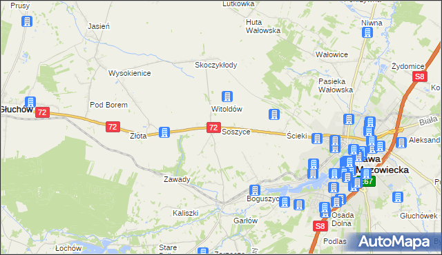 mapa Soszyce gmina Rawa Mazowiecka, Soszyce gmina Rawa Mazowiecka na mapie Targeo