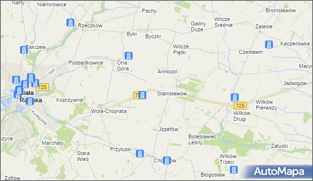 mapa Stanisławów gmina Biała Rawska, Stanisławów gmina Biała Rawska na mapie Targeo